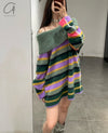 YANYAN KNITS 24 Autumn and Winter Alpaca Striped Raglan Dress YYK-YYW24-1331-PINSE Colorblocking